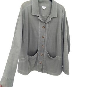 J Jill Utility Jacket Womens 1X Green Button Front Long Sleeve Casual Stretch